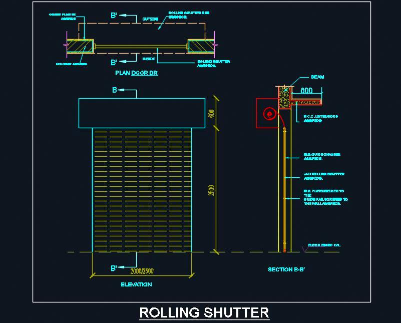 Rolling Shutter Free CAD Block- Plan, Elevation & Section